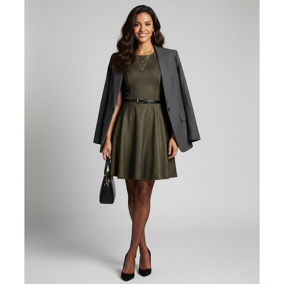 Vtg Anthropologie Black Gold Tweed Fit & Flare Dress | A-Line Skater Corpcore Lg - Picture 15 of 16